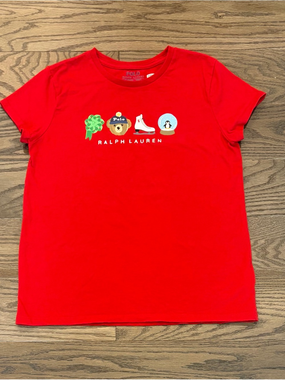 Polo Ralph Lauren Girls Holiday Polo Bear T-Shirt  XL 16 Red Cotton Graphic